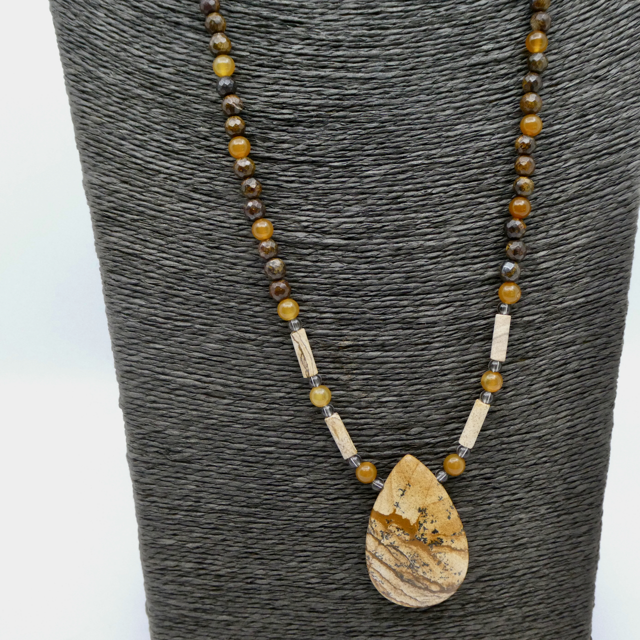 Bronzit - Landschafts Kalahari Jaspis - Rauchquarz Sarder Edelstein Design Collierkette