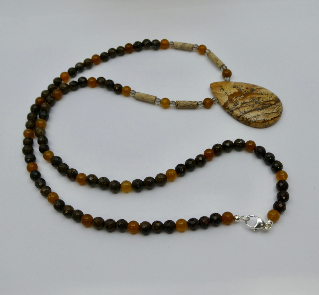 Bronzit - Landschafts Kalahari Jaspis - Rauchquarz Sarder Edelstein Design Collierkette