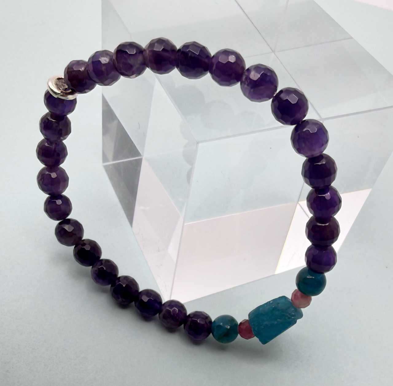 Apatit blau - Turmalin rosa- Amethyst Design Armband