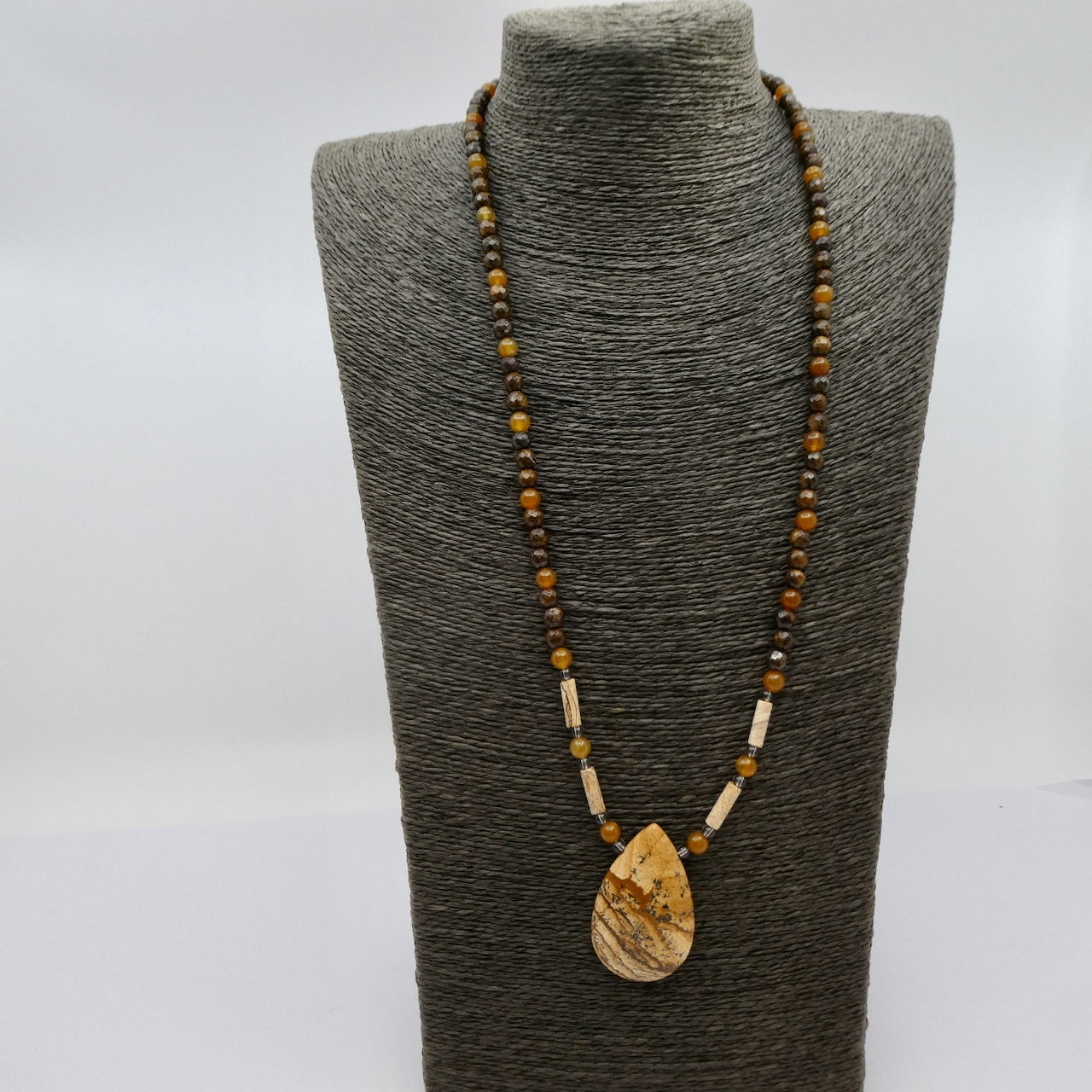 Bronzit - Landschafts Kalahari Jaspis - Rauchquarz Sarder Edelstein Design Collierkette